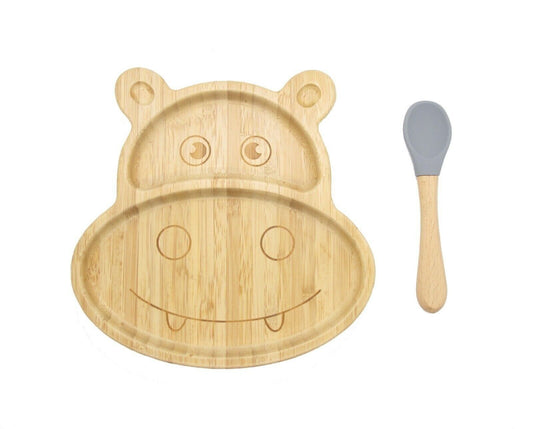 Bamboo Kids Children Baby Plate Bowl & Silicon Suction Cap Base & Spoon - Hippo