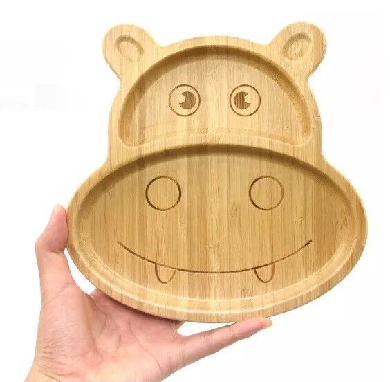 Bamboo Kids Children Baby Plate Bowl & Silicon Suction Cap Base & Spoon - Hippo